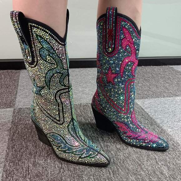 Women's Blue-green Multi-color Patterned Rhinestone Western Cowboy Mid-calf Boot - Picture 5 of 9